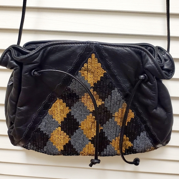 New Carlos Falchi Black Leather w/ Gold Silver Sequins Crossbody Evening Bag - Picture 4 of 8